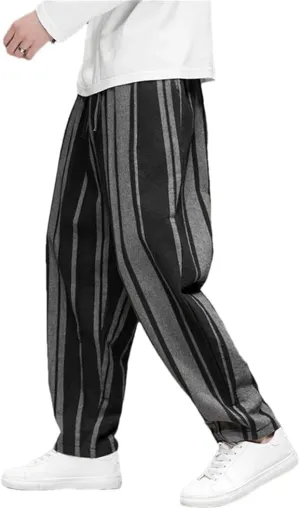 Mens Cotton Linen Side Stripe Harem Pants Drawstring Casual Vintage Joggers Pants with Drawstring