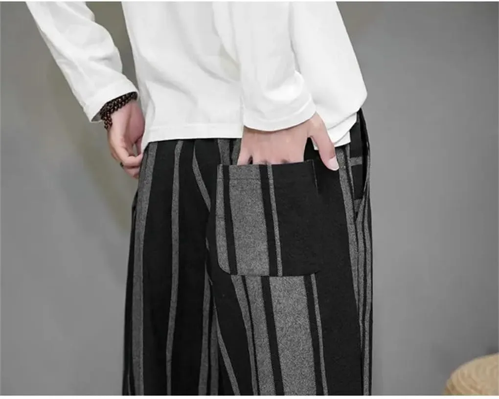 Mens Cotton Linen Side Stripe Harem Pants Drawstring Casual Vintage Joggers Pants with Drawstring