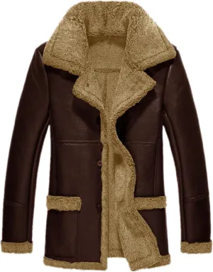 Men's Faux Leather Jackets Fleece Sherpa Lined Long Trench Coats Motorbike Mid-Length Button Up Trenchcoat