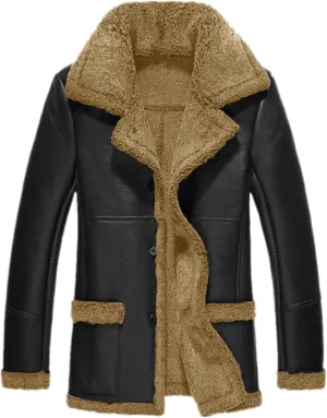 Men's Faux Leather Jackets Fleece Sherpa Lined Long Trench Coats Motorbike Mid-Length Button Up Trenchcoat