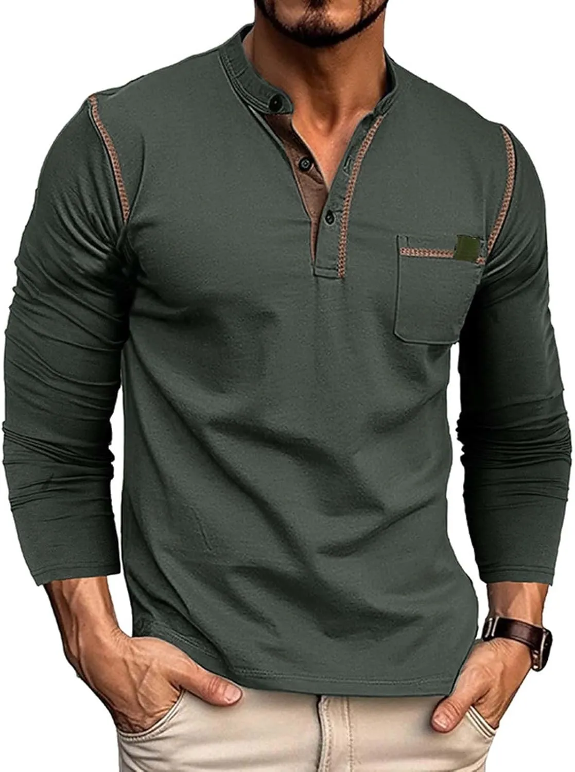 Mens Henley Shirts Long Sleeve Tactical Fleece Sweatshirt Button Pullover Sweater Casual Sweater Lightweight Pullover
