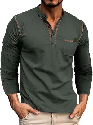 Mens Henley Shirts Long Sleeve Tactical Fleece Sweatshirt Button Pullover Sweater Casual Sweater Lightweight Pullover
