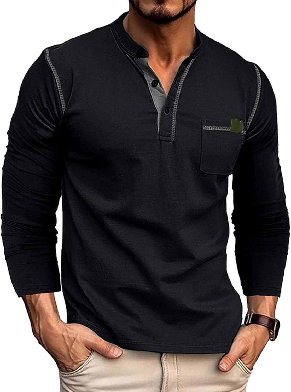 Mens Henley Shirts Long Sleeve Tactical Fleece Sweatshirt Button Pullover Sweater Casual Sweater Lightweight Pullover