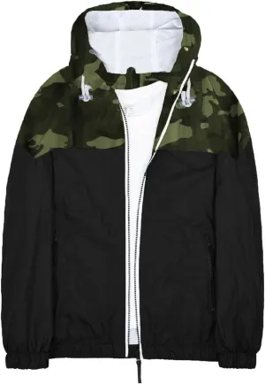 Men's Lightweight Hooded Jackets Zip Vintage Patchcolor Windbreaker Packable Raincoat Outdoor Running Coat for Hiking