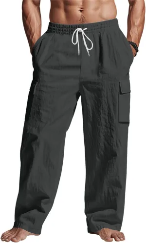 Men's Linen Breathable Cargo Multi-Pocket Loose Casual Wide Leg Pants