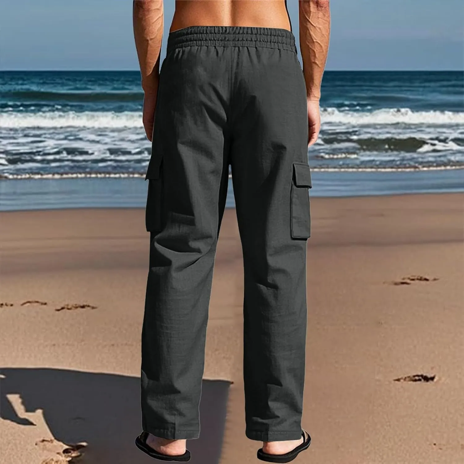 Men's Linen Breathable Cargo Multi-Pocket Loose Casual Wide Leg Pants