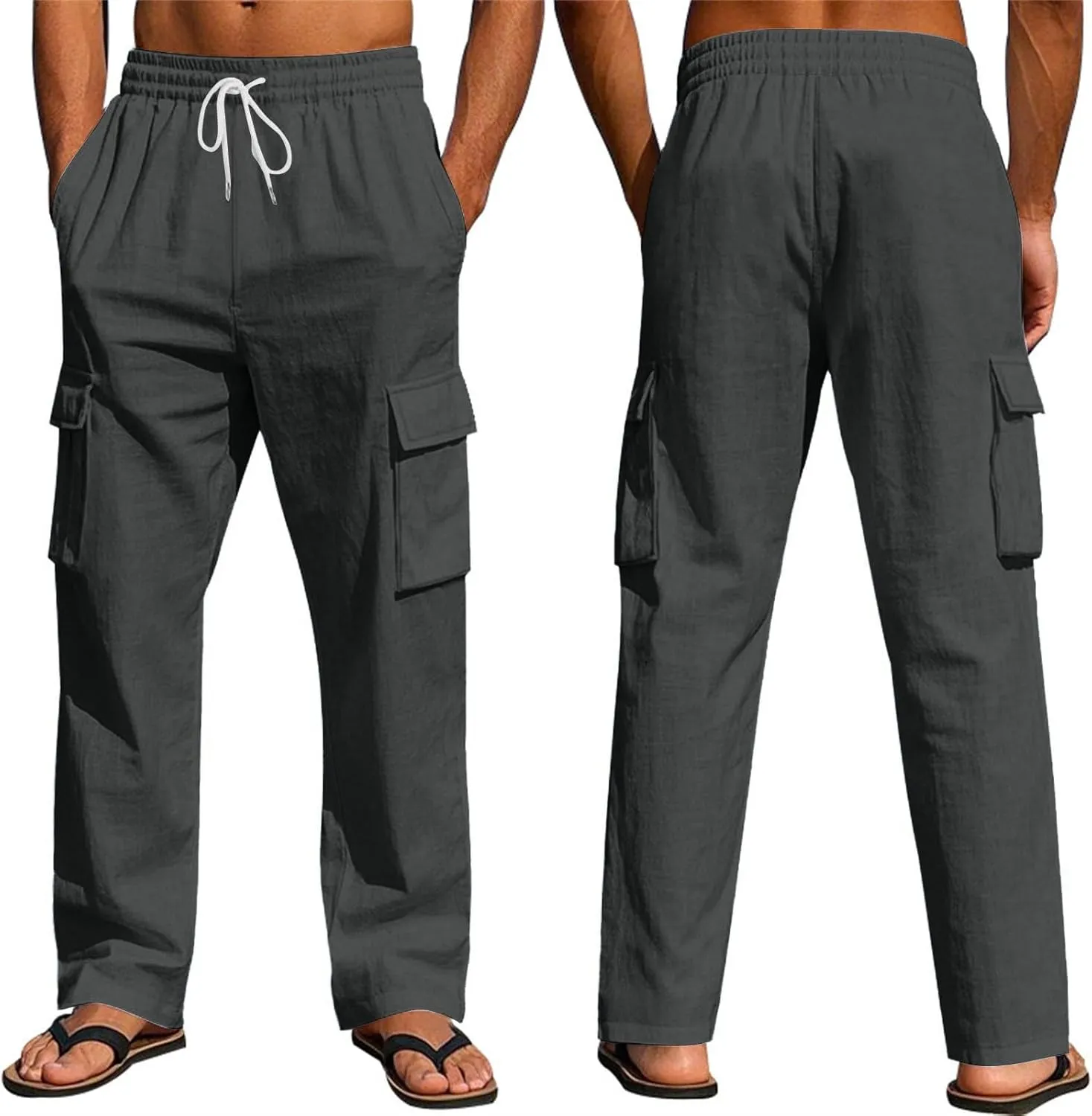 Men's Linen Breathable Cargo Multi-Pocket Loose Casual Wide Leg Pants