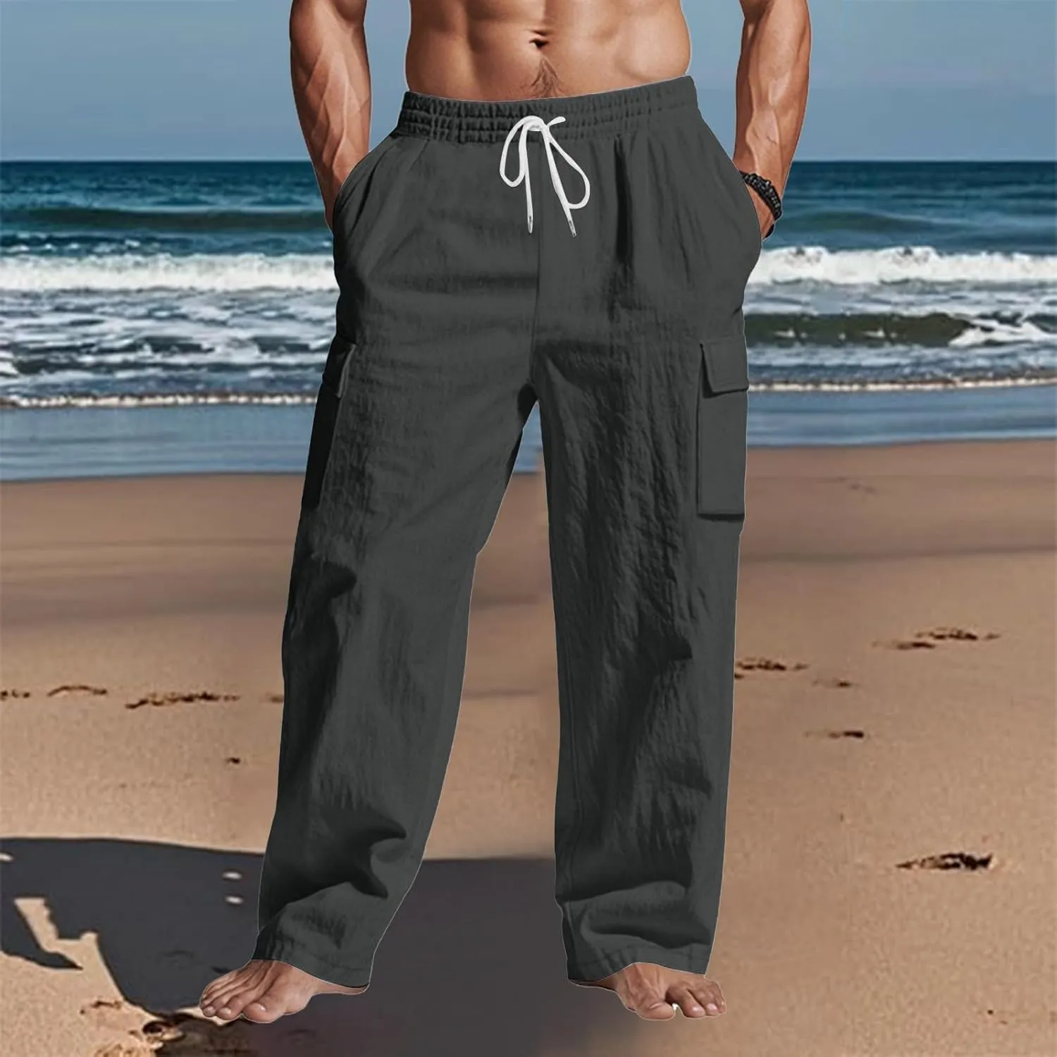 Men's Linen Breathable Cargo Multi-Pocket Loose Casual Wide Leg Pants