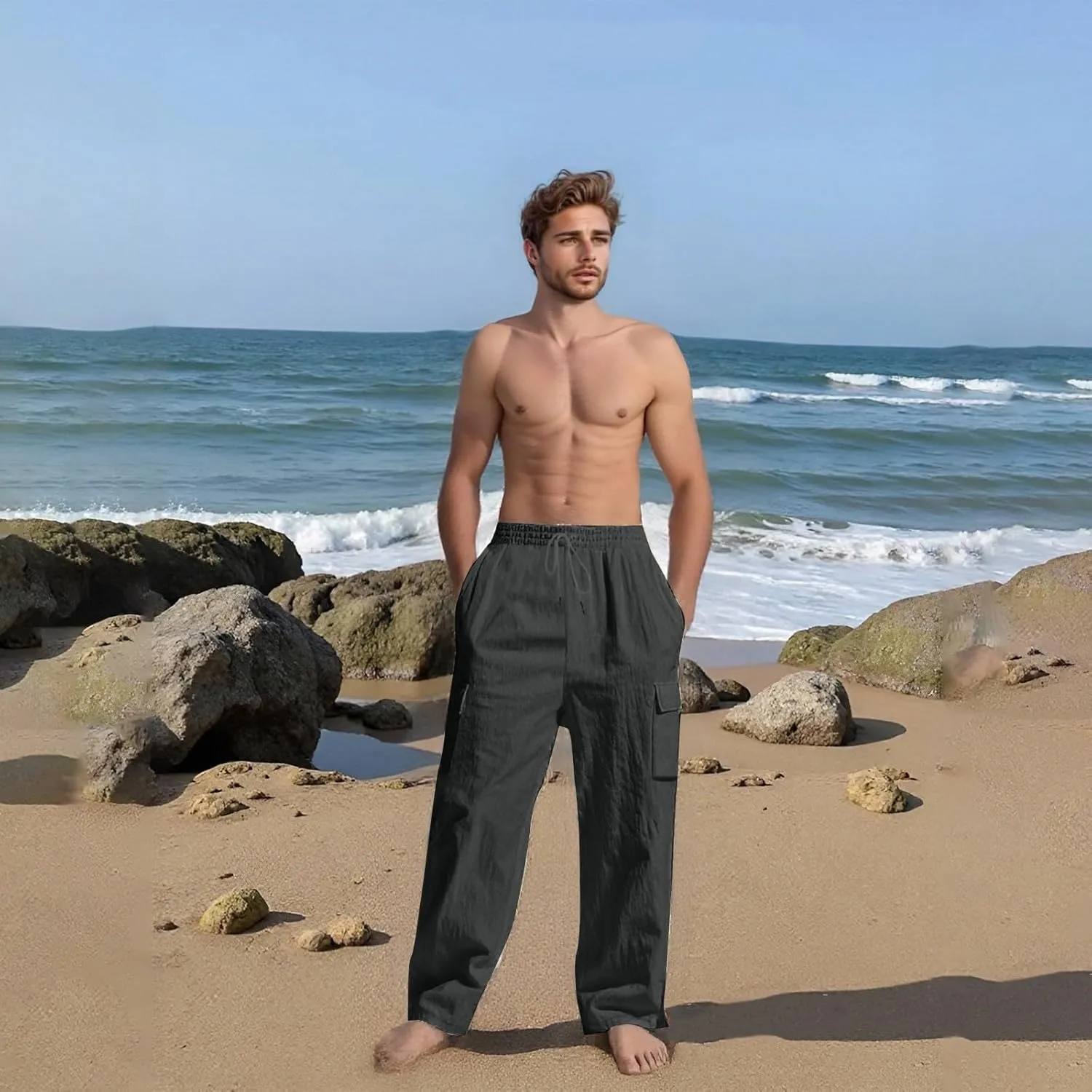 Men's Linen Breathable Cargo Multi-Pocket Loose Casual Wide Leg Pants