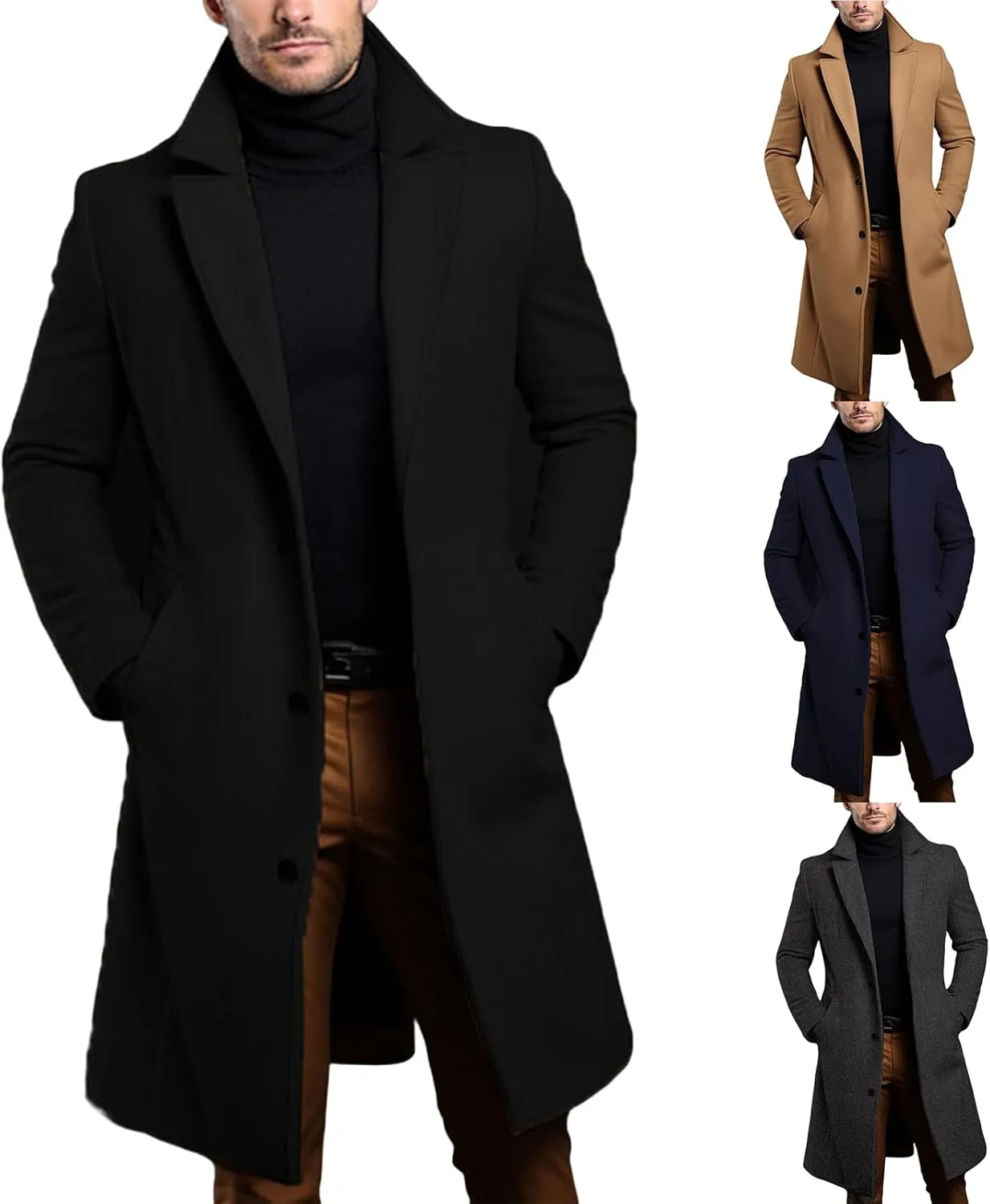 Men's Long Solid Trench Coat, Single Breasted Two Button Pea Coat Wool Blend Lapel Fall Winter Warm Overcoats