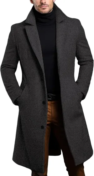 Men's Long Solid Trench Coat, Single Breasted Two Button Pea Coat Wool Blend Lapel Fall Winter Warm Overcoats