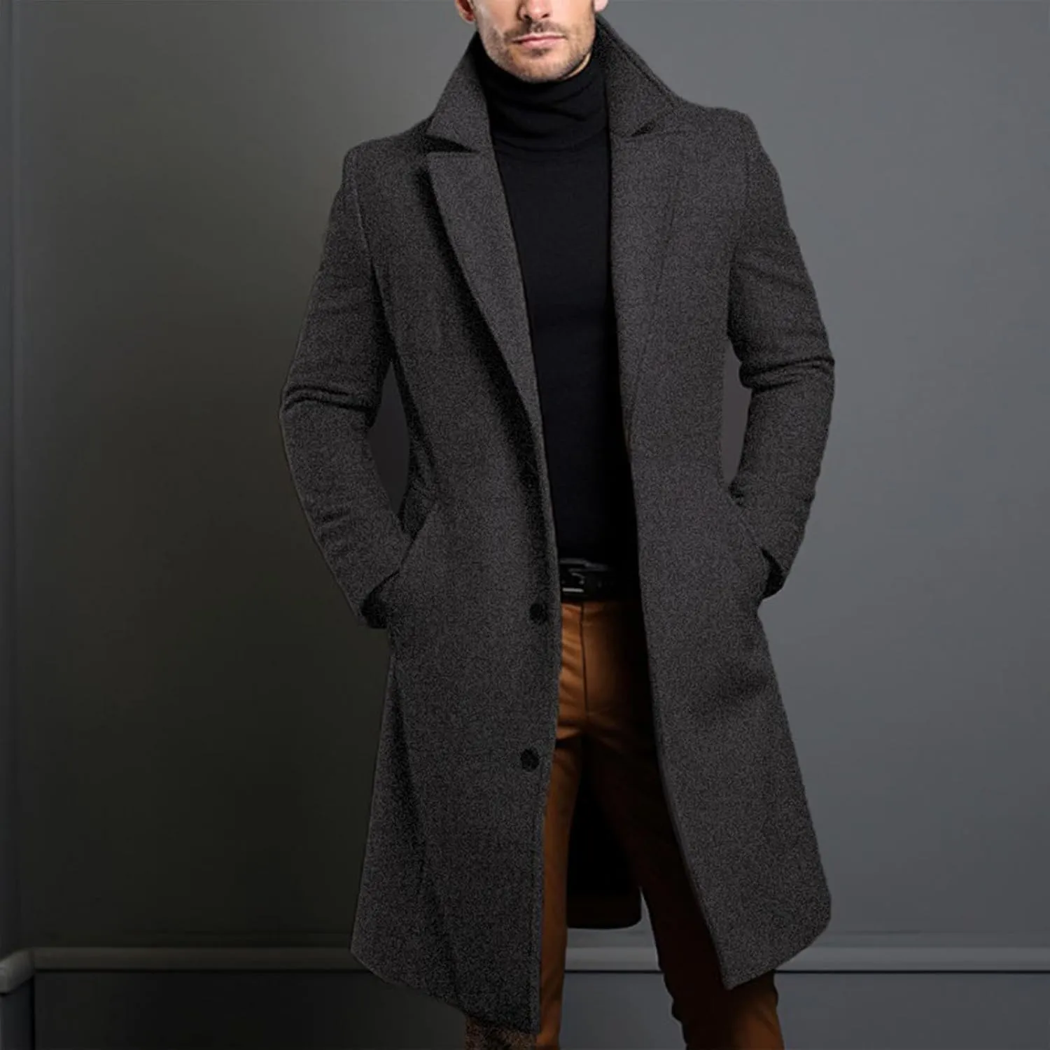Men's Long Solid Trench Coat, Single Breasted Two Button Pea Coat Wool Blend Lapel Fall Winter Warm Overcoats