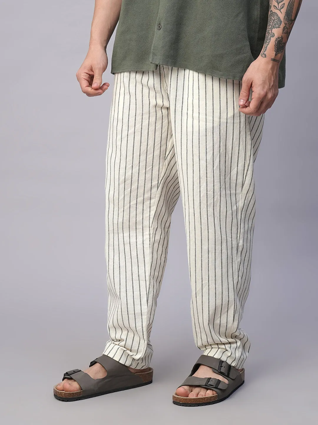 Men's Natural/Black 100% Cotton Regular Fit Drawstring Summer Pants
