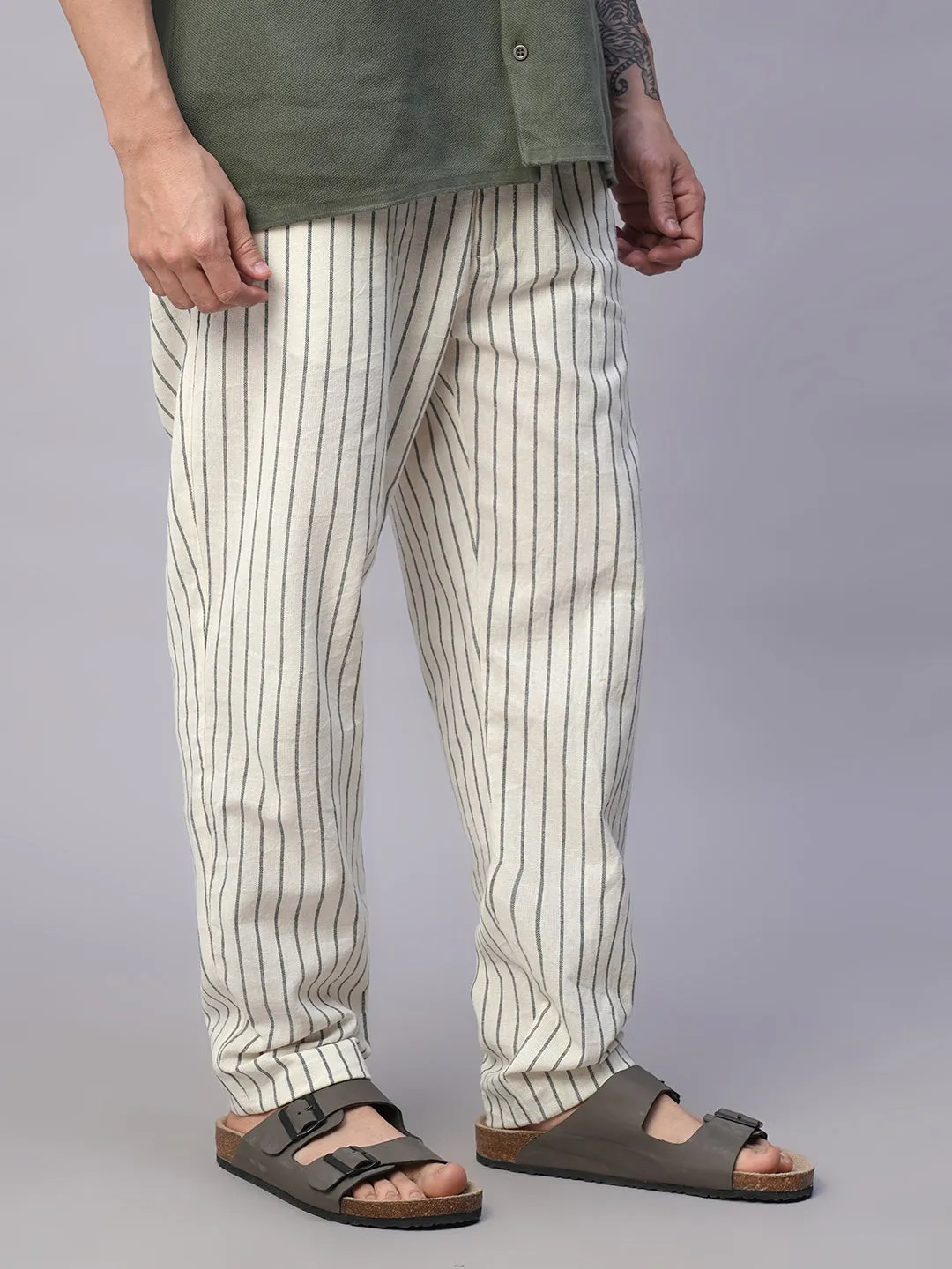 Men's Natural/Black 100% Cotton Regular Fit Drawstring Summer Pants