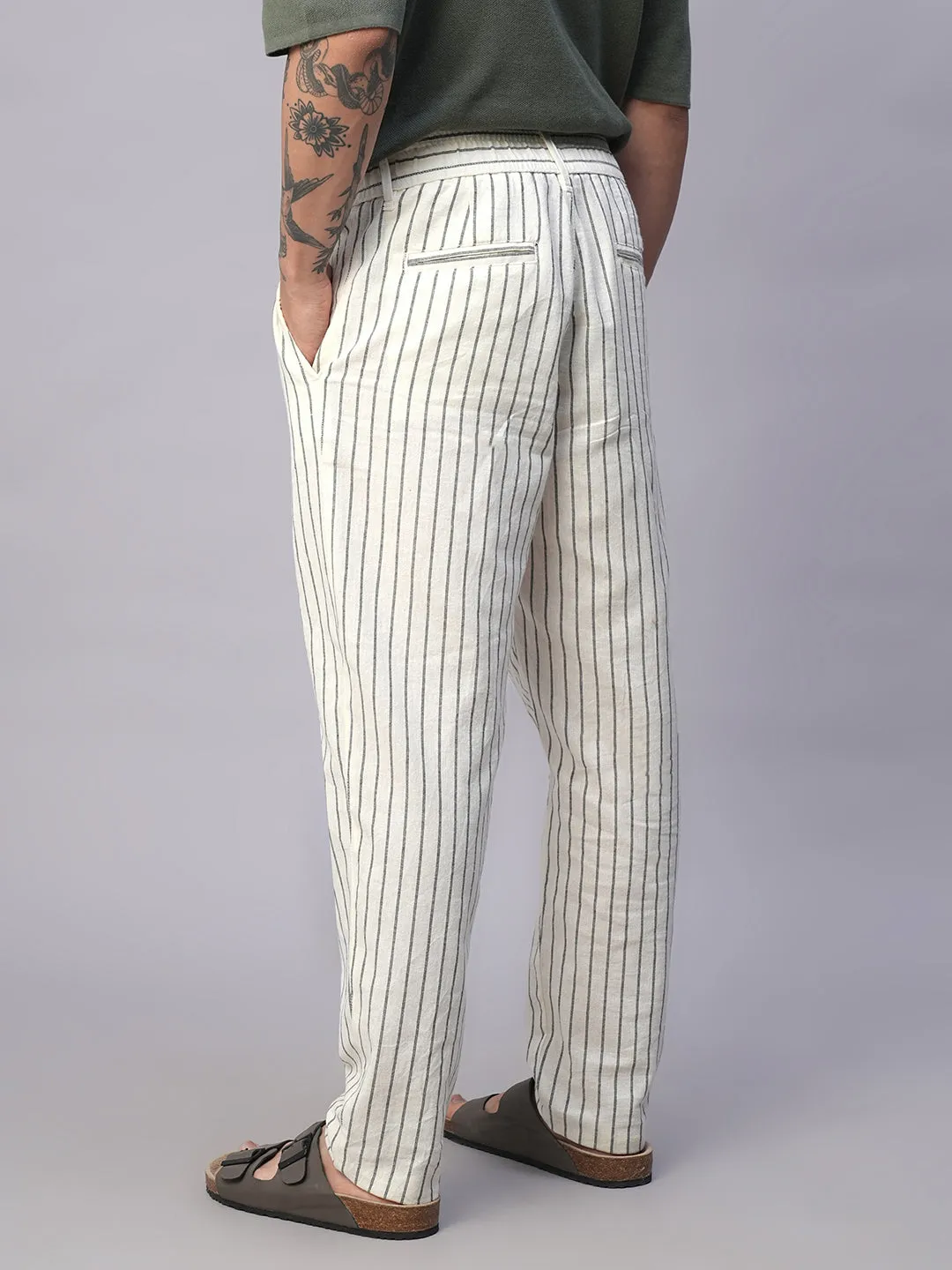 Men's Natural/Black 100% Cotton Regular Fit Drawstring Summer Pants