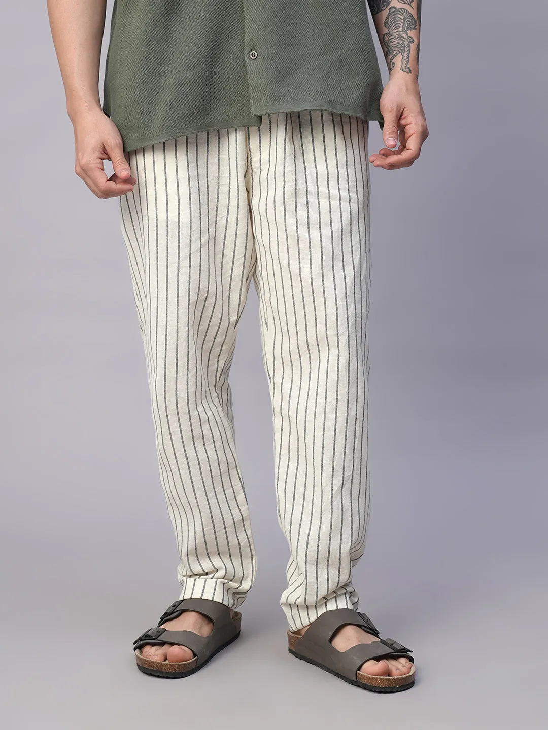 Men's Natural/Black 100% Cotton Regular Fit Drawstring Summer Pants