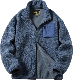 Men's Oversized Fuzzy Jacket Zip-Up Long Sleeve Cozy Fluffy Fleece Coat Mock Neck Fleece Sweatshirt with Pockets