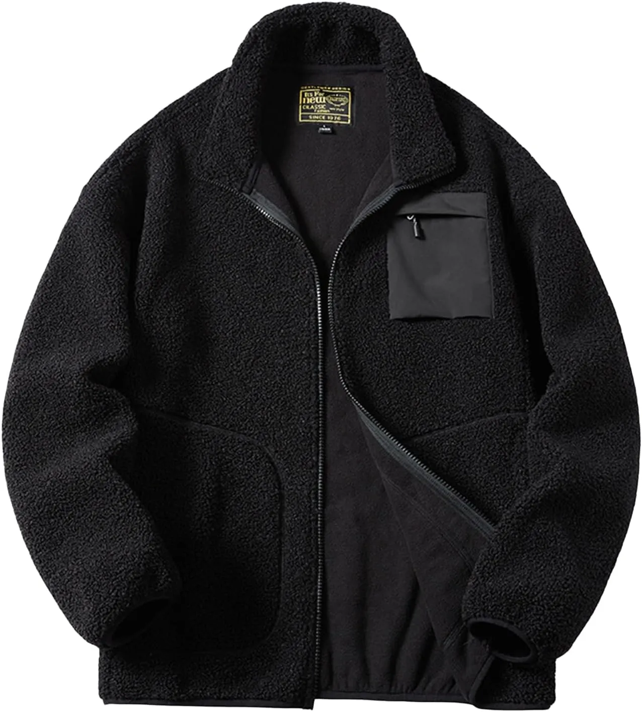Men's Oversized Fuzzy Jacket Zip-Up Long Sleeve Cozy Fluffy Fleece Coat Mock Neck Fleece Sweatshirt with Pockets