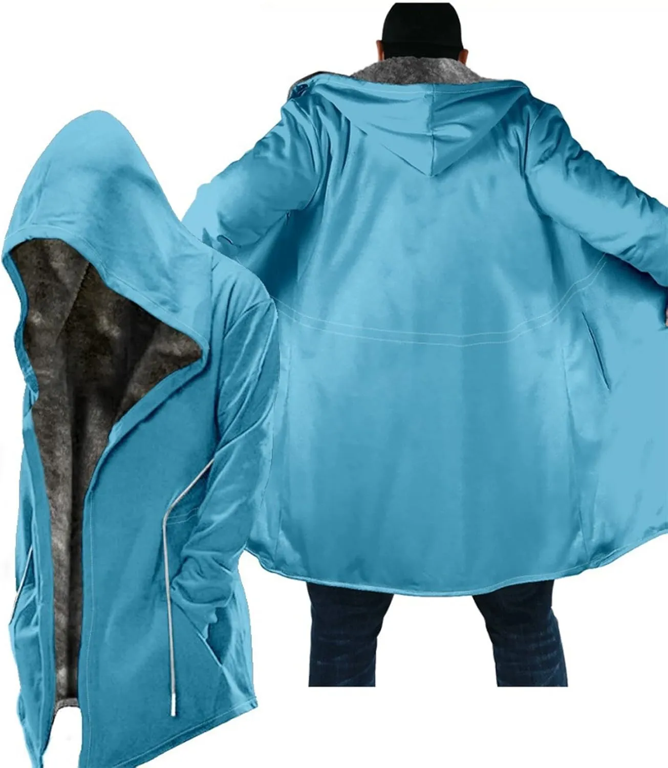 Mens Oversized Hoodie Printed Velvet Thickened Long Jacket Casual Zipper Jacket