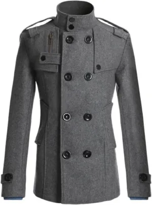 Mens Pea Coat Stand Collar Jackets Button Down Shirts Slim Windbreaker Trendy Trench Coat Winter Peacoat Lapel Tops