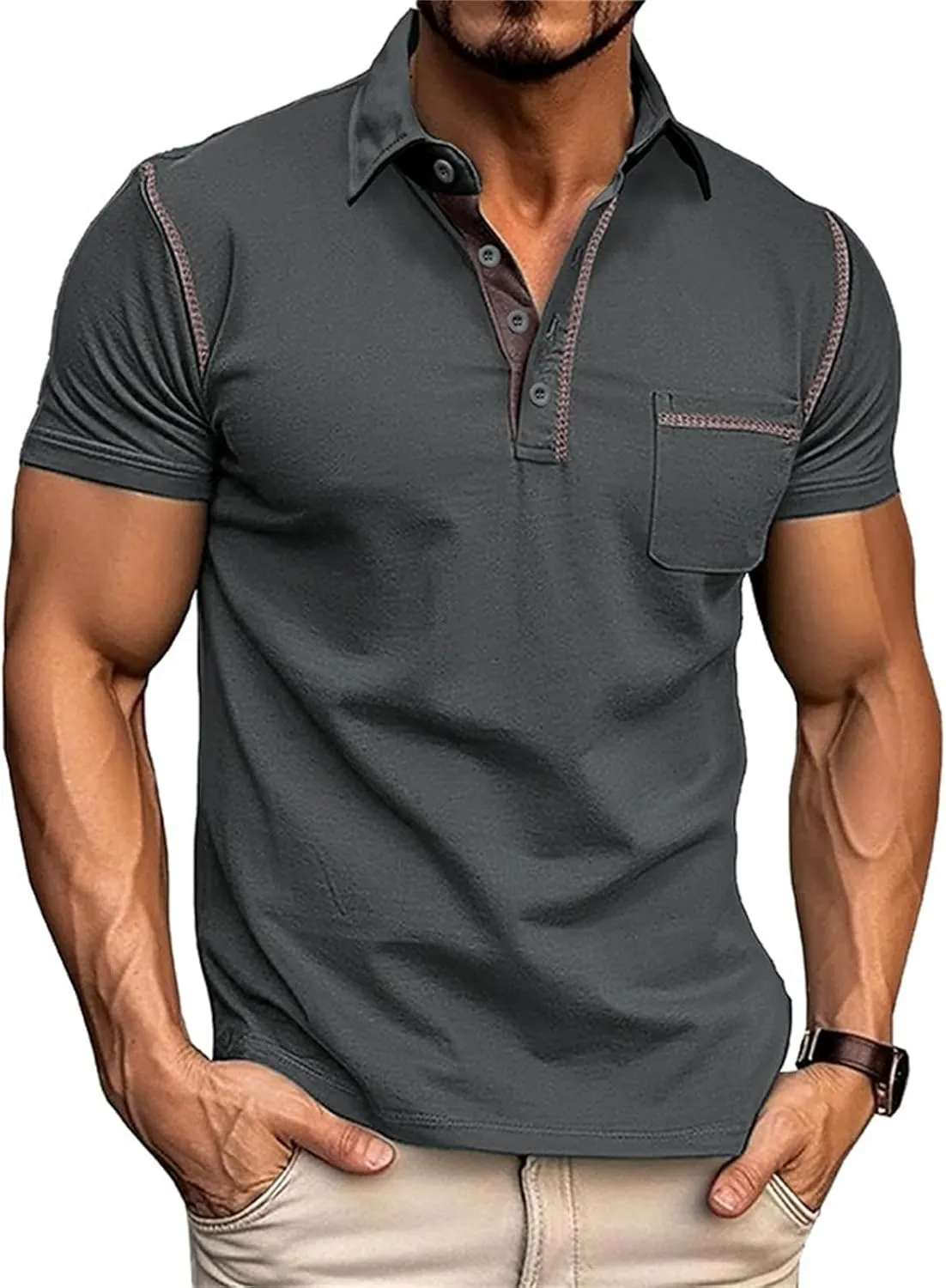 Men's Polo Shirt Short Sleeve Slim Fit 4 Button T-Shirts Slim Fit Golf Work Tops