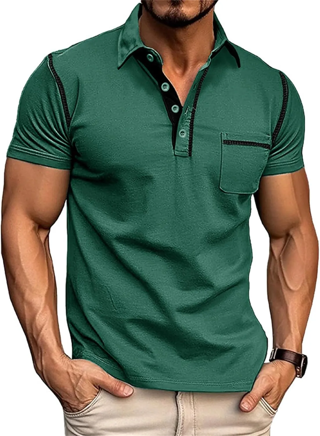 Men's Polo Shirt Short Sleeve Slim Fit 4 Button T-Shirts Slim Fit Golf Work Tops