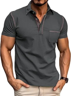 Men's Polo Shirt Short Sleeve Slim Fit 4 Button T-Shirts Slim Fit Golf Work Tops