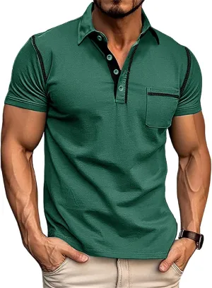 Men's Polo Shirt Short Sleeve Slim Fit 4 Button T-Shirts Slim Fit Golf Work Tops
