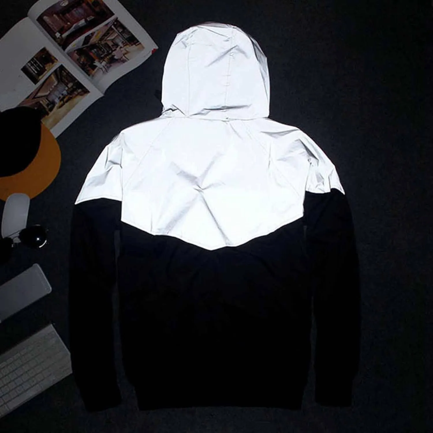 Men's Reflective Hooded Jacket Fashion Windproof Sports Colorblock Zipper Jacket Cycling Sports Windbreaker