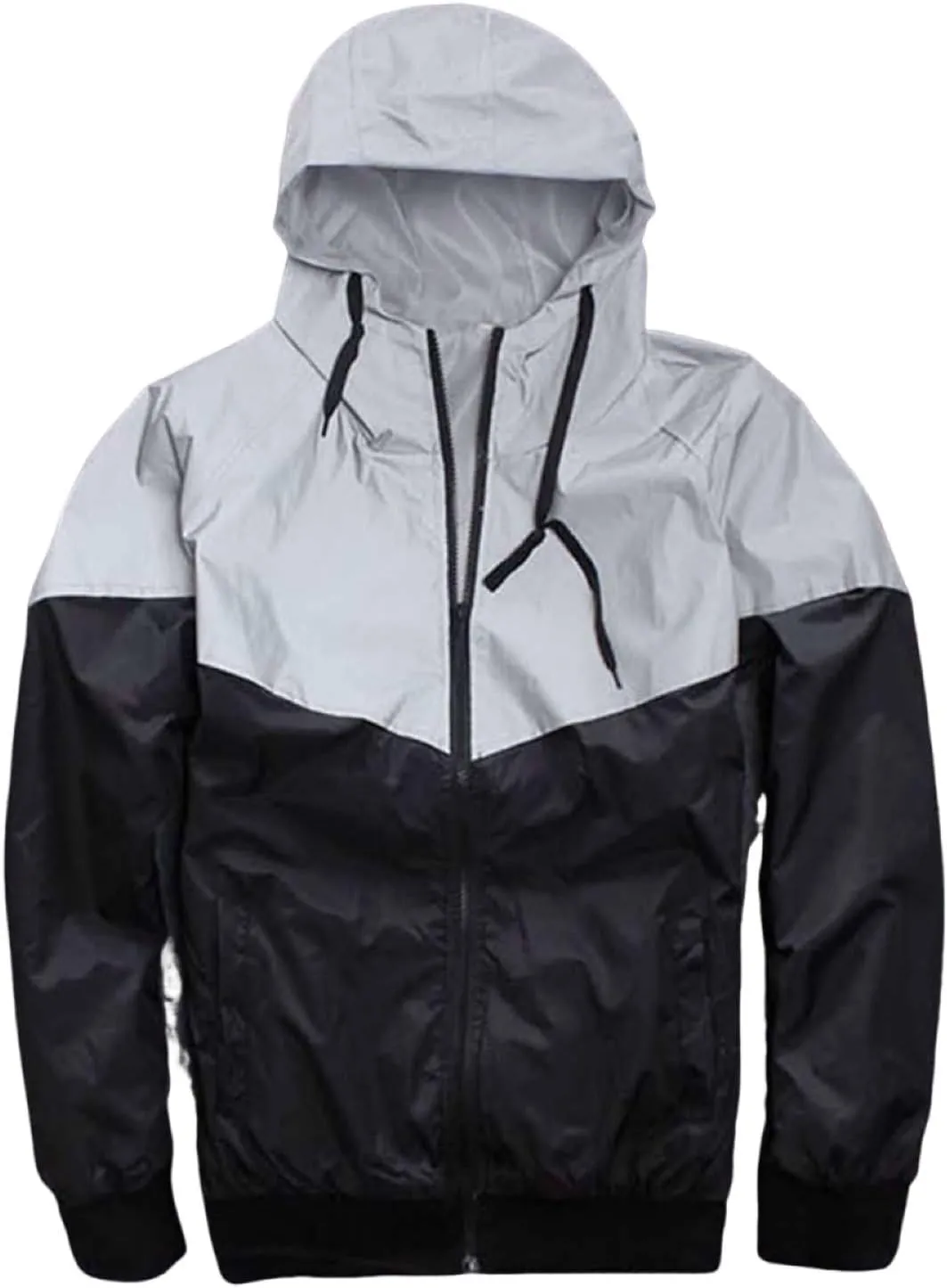 Men's Reflective Hooded Jacket Fashion Windproof Sports Colorblock Zipper Jacket Cycling Sports Windbreaker