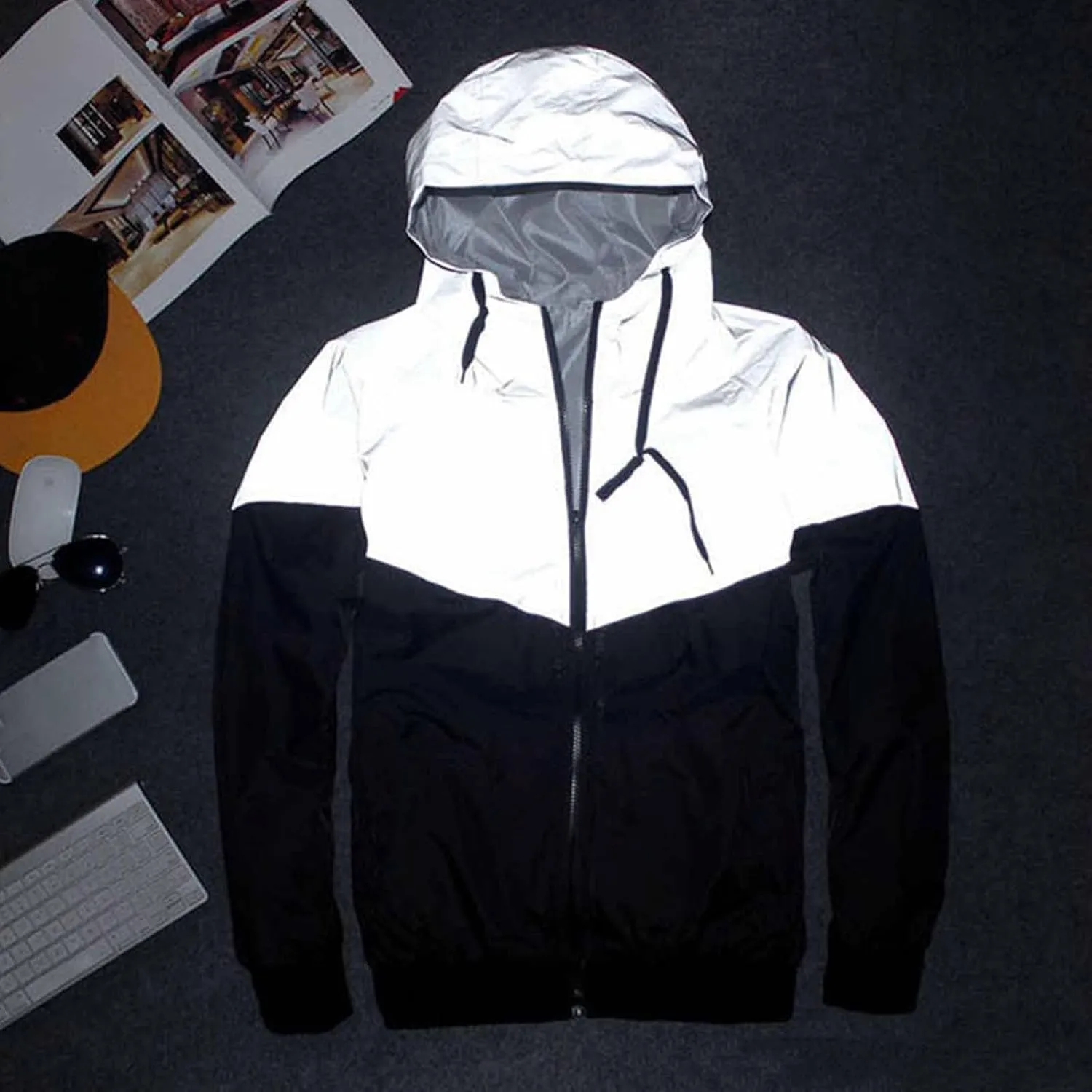 Men's Reflective Hooded Jacket Fashion Windproof Sports Colorblock Zipper Jacket Cycling Sports Windbreaker