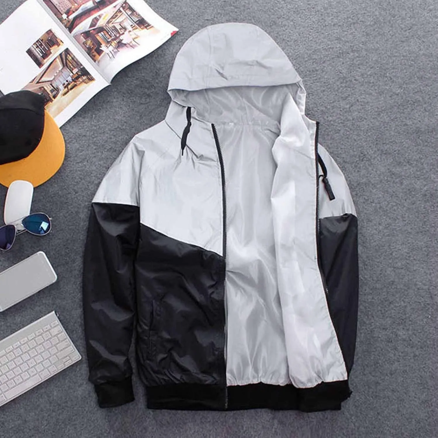 Men's Reflective Hooded Jacket Fashion Windproof Sports Colorblock Zipper Jacket Cycling Sports Windbreaker