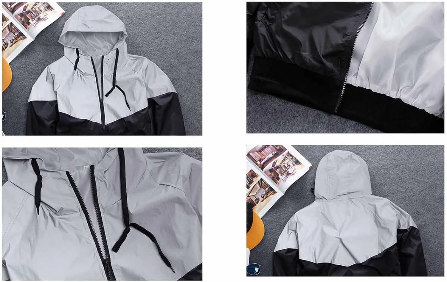 Men's Reflective Hooded Jacket Fashion Windproof Sports Colorblock Zipper Jacket Cycling Sports Windbreaker