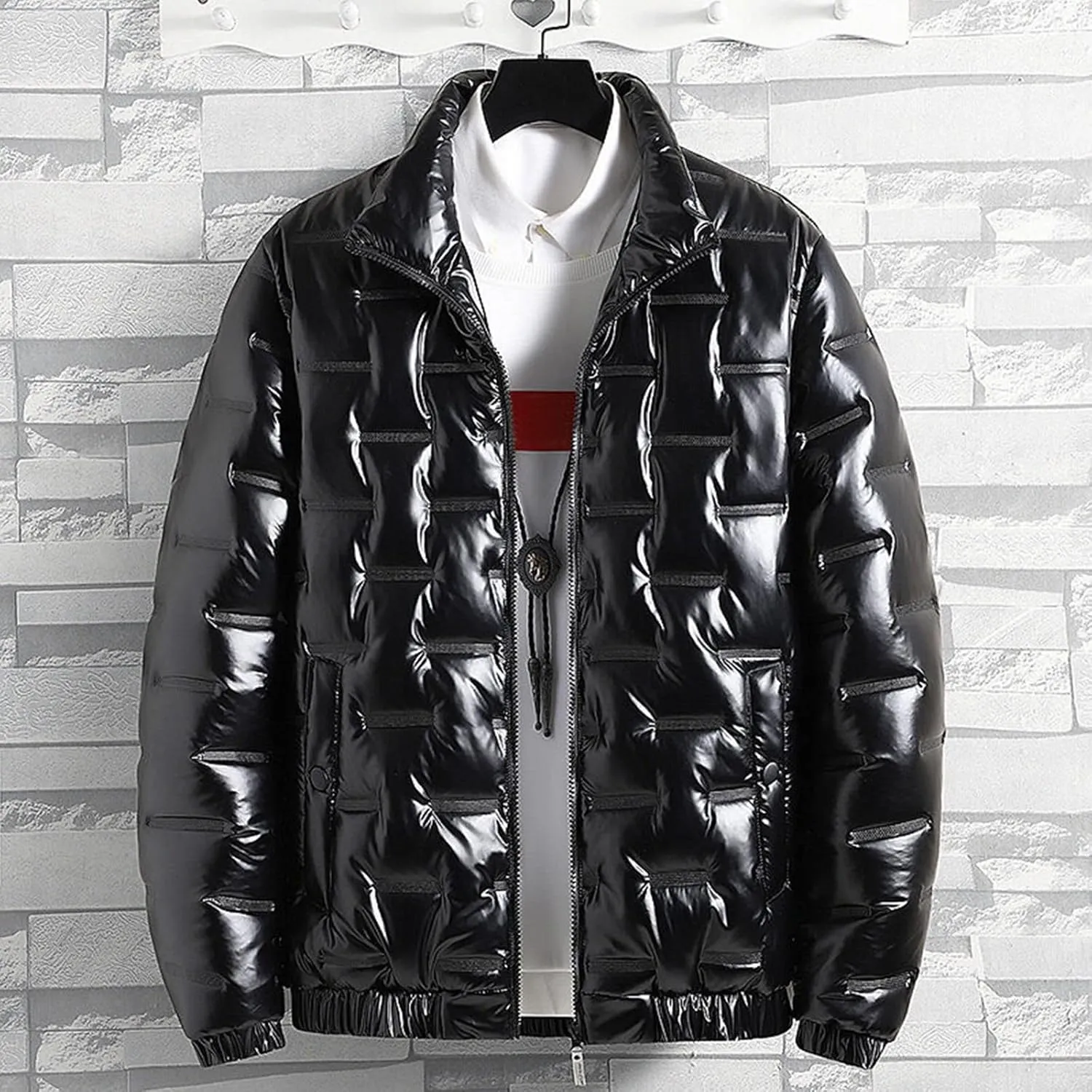 Men's Shiny Winter Jacket Heavyweight Puffer Jacket Casual Coat for Men Windproof Packable Stand Collar Down Jacket