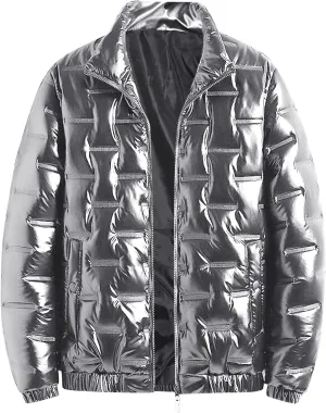 Men's Shiny Winter Jacket Heavyweight Puffer Jacket Casual Coat for Men Windproof Packable Stand Collar Down Jacket
