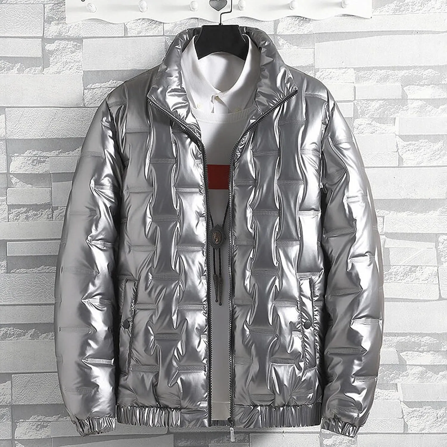 Men's Shiny Winter Jacket Heavyweight Puffer Jacket Casual Coat for Men Windproof Packable Stand Collar Down Jacket