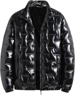 Men's Shiny Winter Jacket Heavyweight Puffer Jacket Casual Coat for Men Windproof Packable Stand Collar Down Jacket