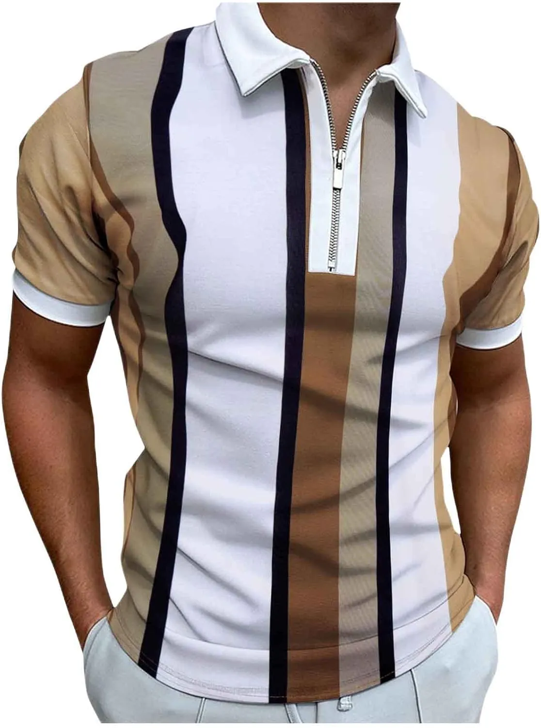Men's Short Sleeve Zipper Polo Shirts Casual Slim Fit Printed Athletic Golf Shirts Slim Fit Basic Stripe Tees Tops