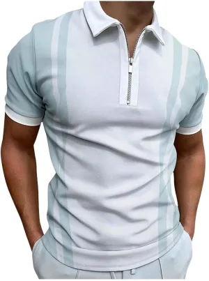 Men's Short Sleeve Zipper Polo Shirts Casual Slim Fit Printed Athletic Golf Shirts Slim Fit Basic Stripe Tees Tops