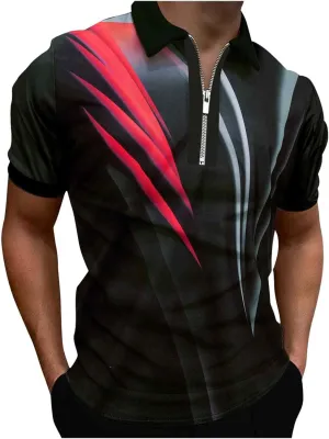 Men's Short Sleeve Zipper Polo Shirts Casual Slim Fit Printed Athletic Golf Shirts Slim Fit Basic Stripe Tees Tops