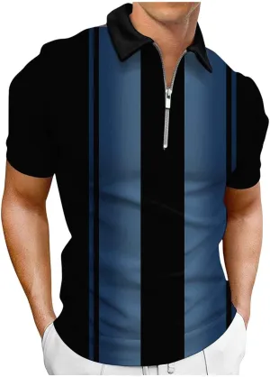 Men's Short Sleeve Zipper Polo Shirts Casual Slim Fit Printed Athletic Golf Shirts Slim Fit Basic Stripe Tees Tops