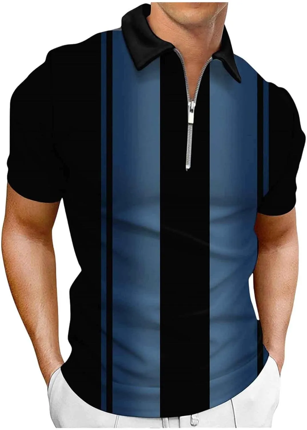 Men's Short Sleeve Zipper Polo Shirts Casual Slim Fit Printed Athletic Golf Shirts Slim Fit Basic Stripe Tees Tops