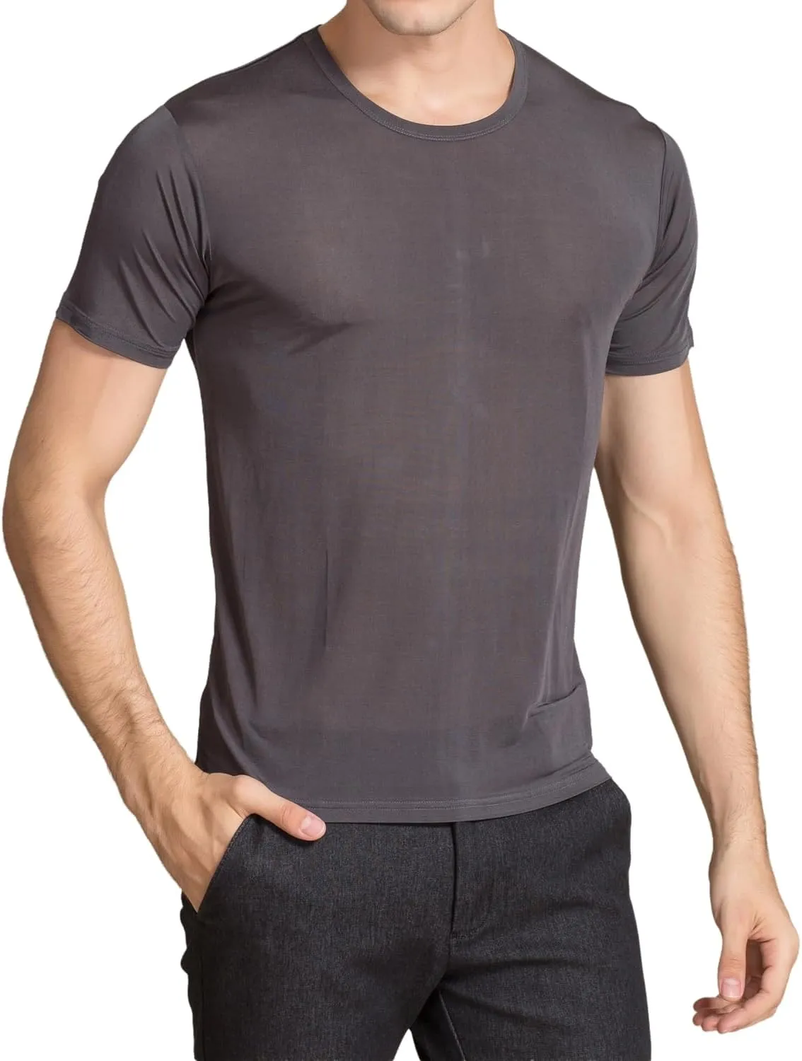 Mens Silk Knitted T Shirt 100% Pure Mulberry Silk Sleep T Shirt Crew Neck Top Undershirt Blouse Short Sleeve Tee Tops