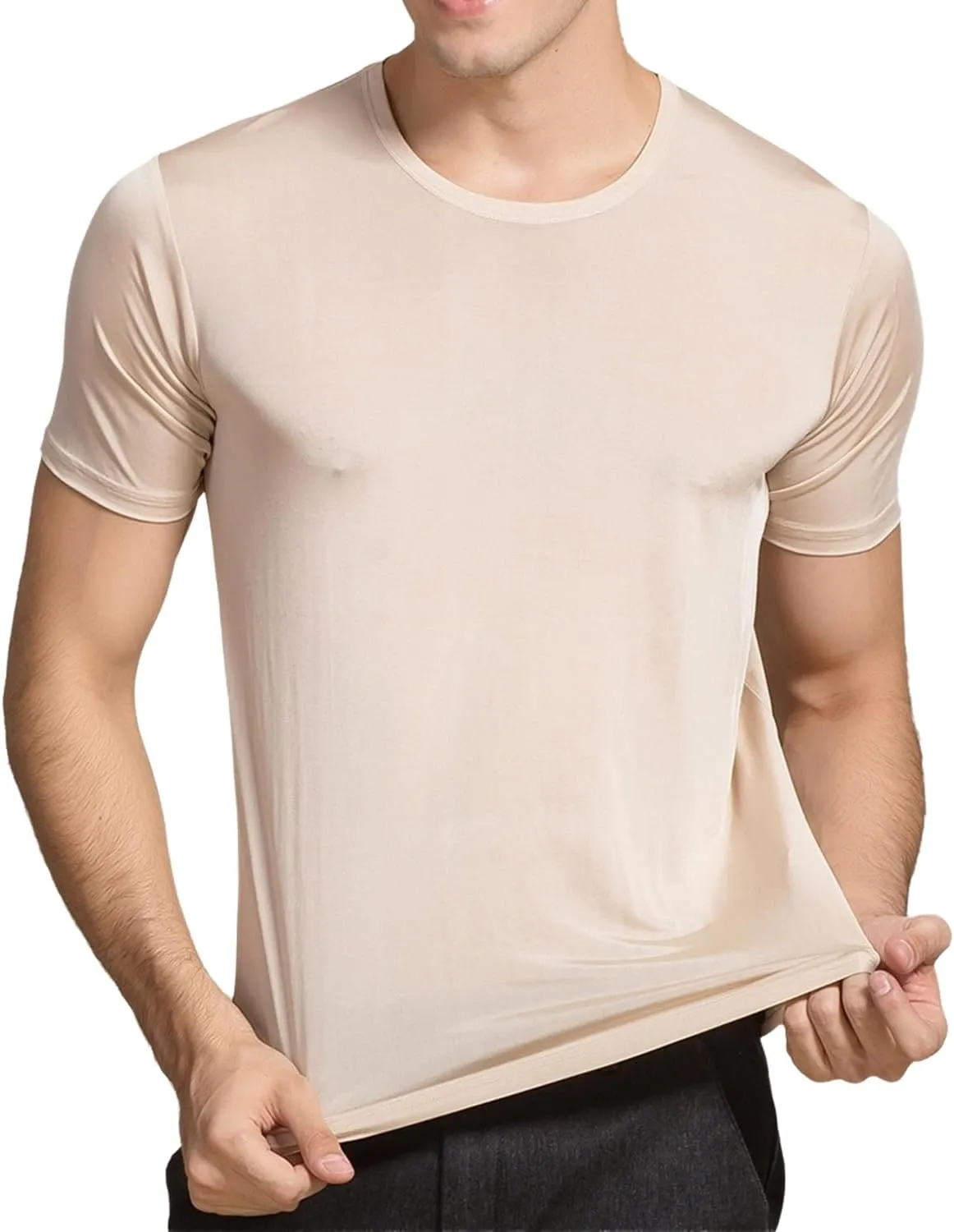 Mens Silk Knitted T Shirt 100% Pure Mulberry Silk Sleep T Shirt Crew Neck Top Undershirt Blouse Short Sleeve Tee Tops