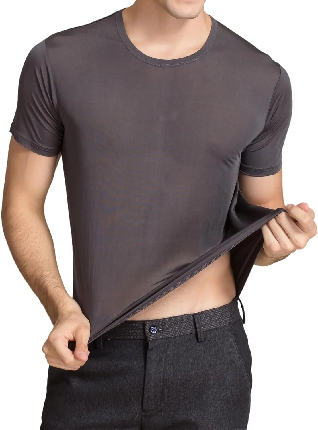 Mens Silk Knitted T Shirt 100% Pure Mulberry Silk Sleep T Shirt Crew Neck Top Undershirt Blouse Short Sleeve Tee Tops