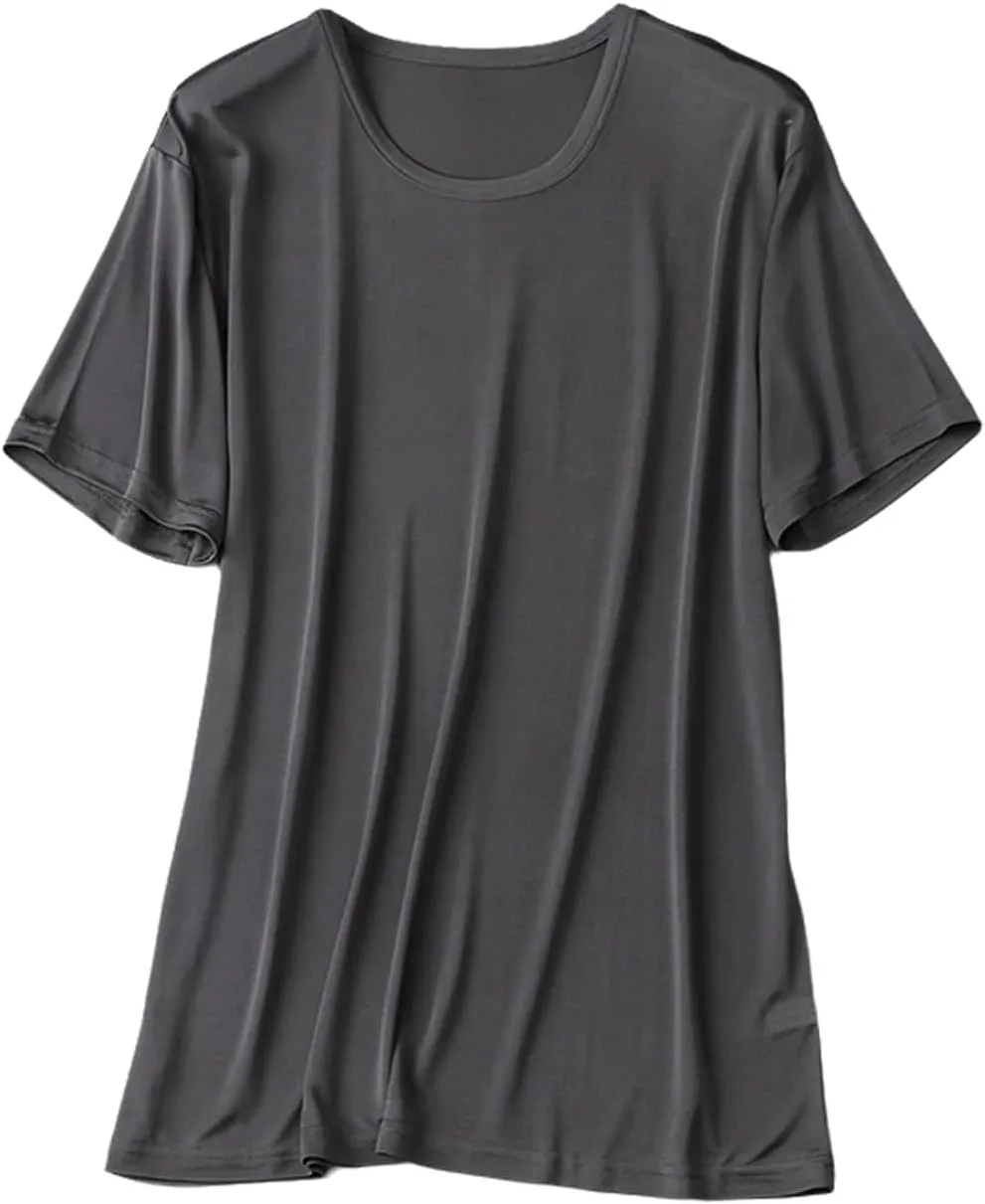 Mens Silk Knitted T Shirt 100% Pure Mulberry Silk Sleep T Shirt Crew Neck Top Undershirt Blouse Short Sleeve Tee Tops