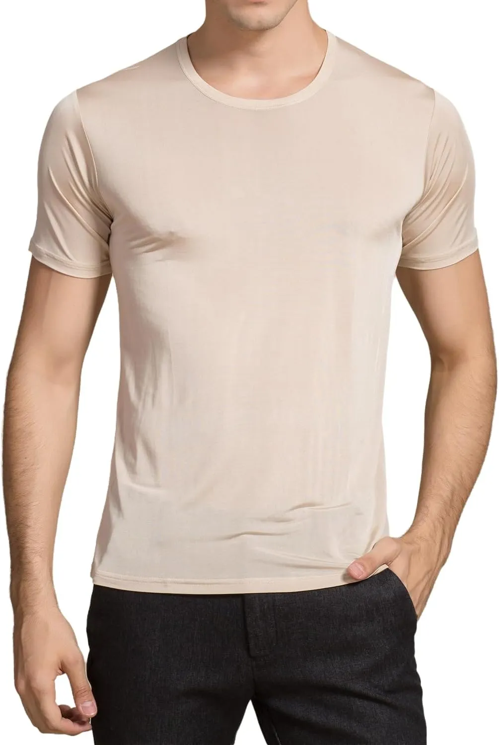 Mens Silk Knitted T Shirt 100% Pure Mulberry Silk Sleep T Shirt Crew Neck Top Undershirt Blouse Short Sleeve Tee Tops