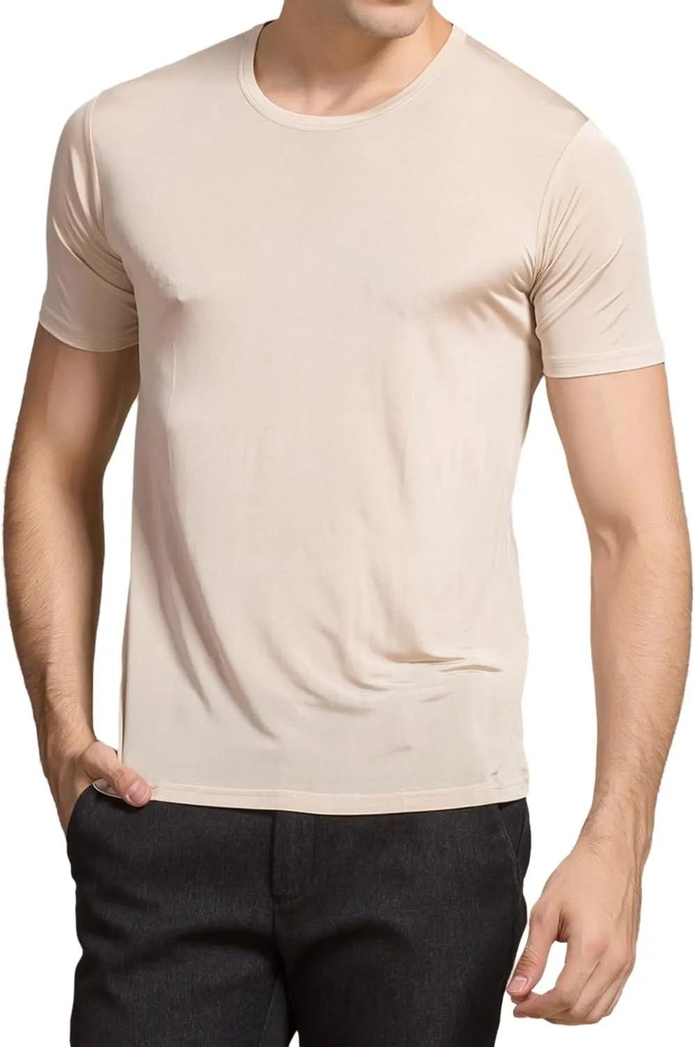 Mens Silk Knitted T Shirt 100% Pure Mulberry Silk Sleep T Shirt Crew Neck Top Undershirt Blouse Short Sleeve Tee Tops