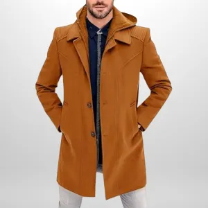 Men's Single Breasted Trench Coat with Hood Warm Dress Pea Coats Notched Collar Button Down Overcoat Wool Blend Jacket