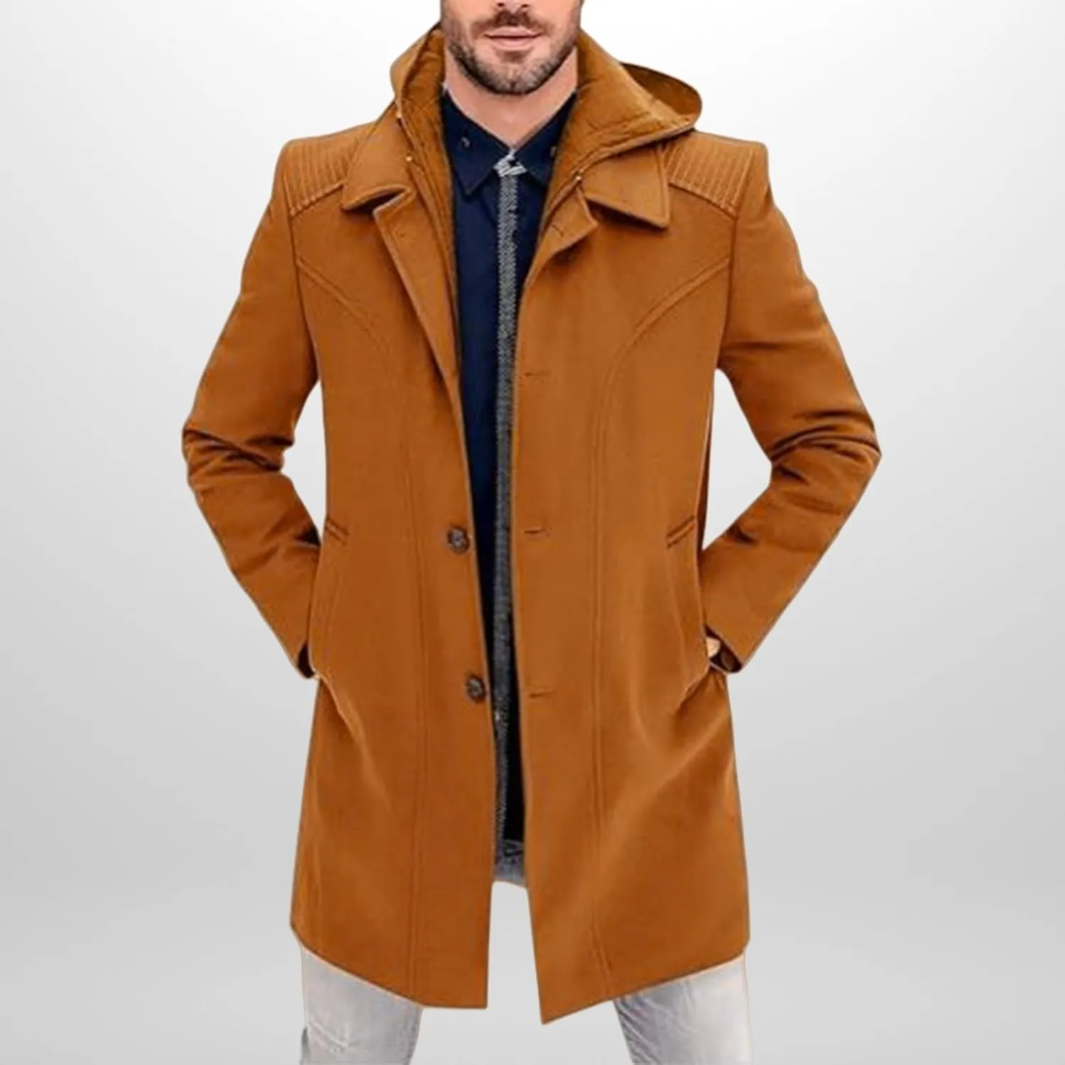 Men's Single Breasted Trench Coat with Hood Warm Dress Pea Coats Notched Collar Button Down Overcoat Wool Blend Jacket
